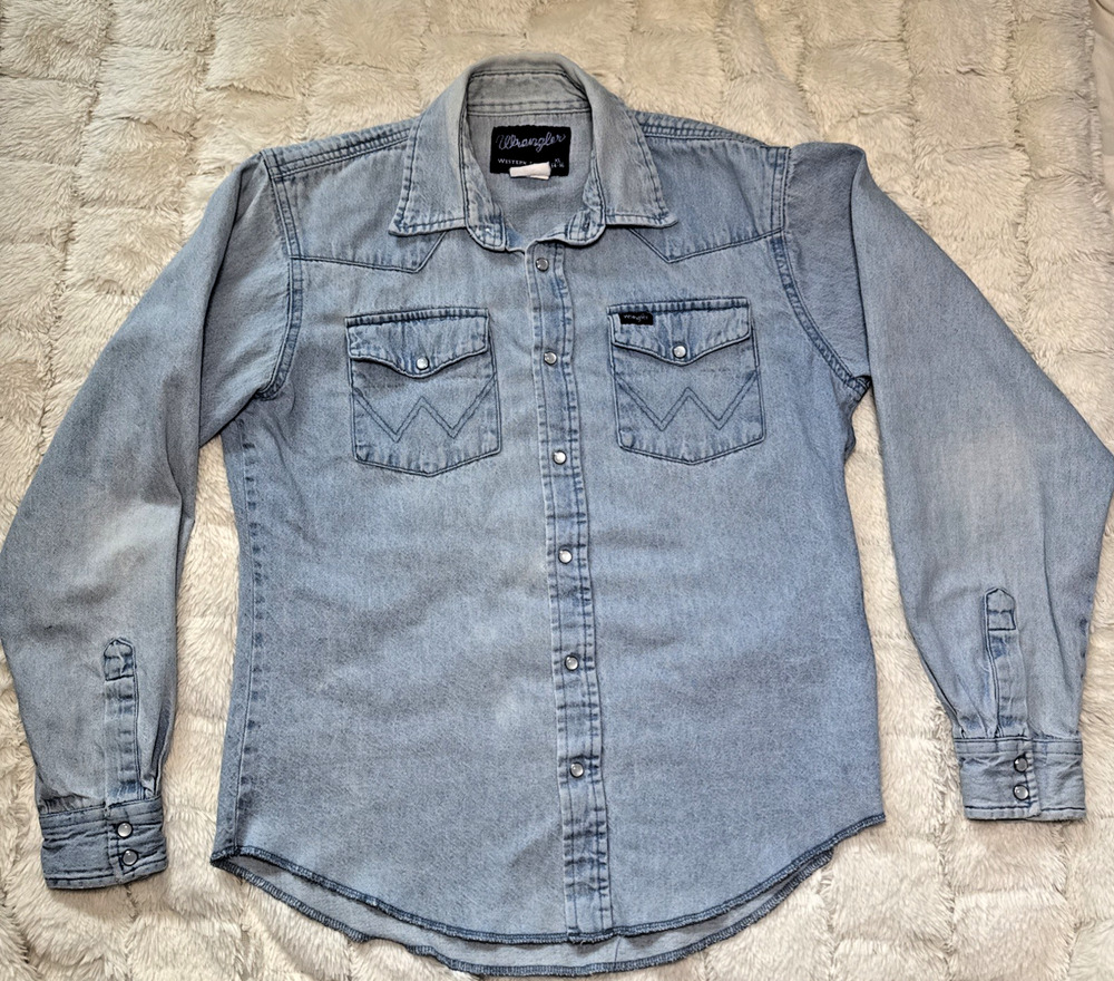 WRANGLER Vintage Pearl Snap Shirt, Size Youth XL (14-16) Light Blue Denim Cowboy
